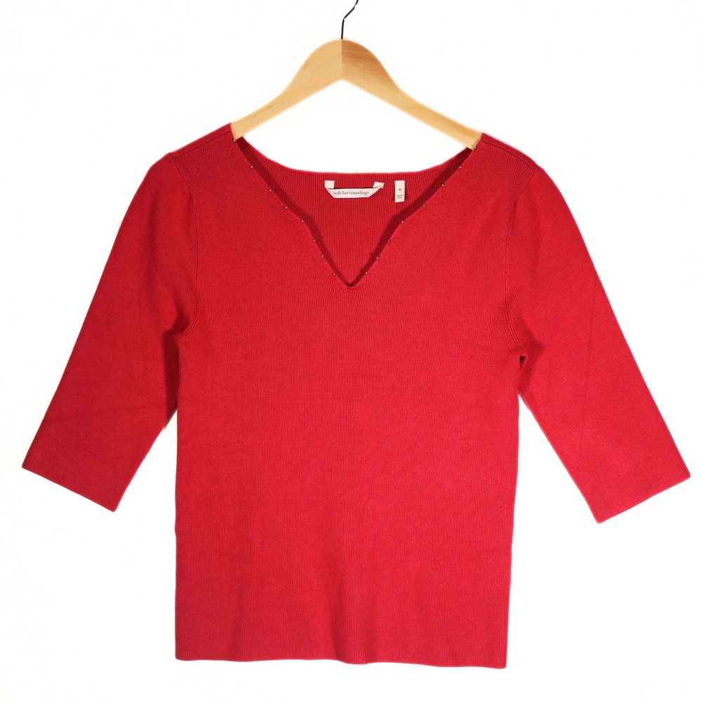 Soft Surroundings Sweater Women Medium Red Ribbed Beaded V-Neck Casual Top